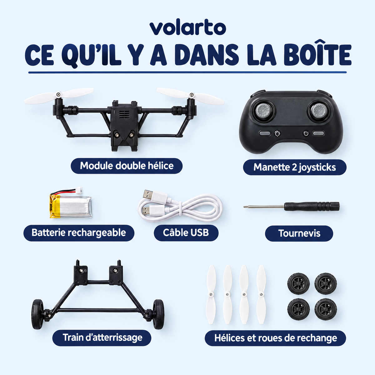 Contenu de la boîte Volarto : module double hélice, manette, batterie, câble USB, tournevis, train d'atterrissage, pièces de rechange