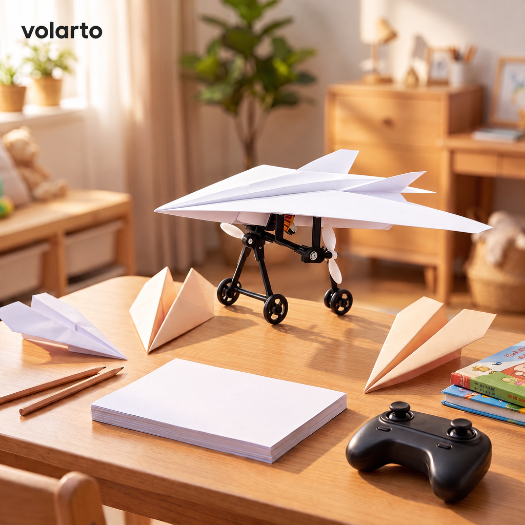 Kit Volarto posé sur un bureau avec sa manette et des feuilles A4